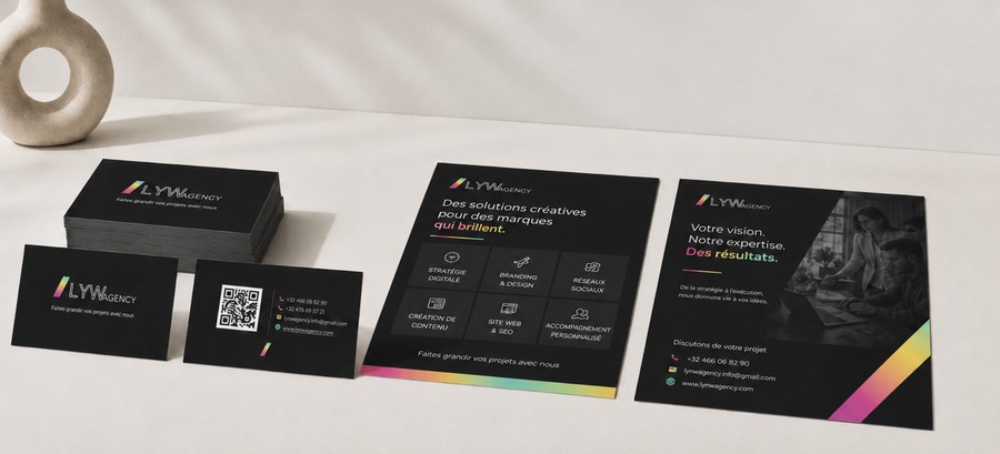 Cartes de visite et flyers personnalisés LYW Agency.